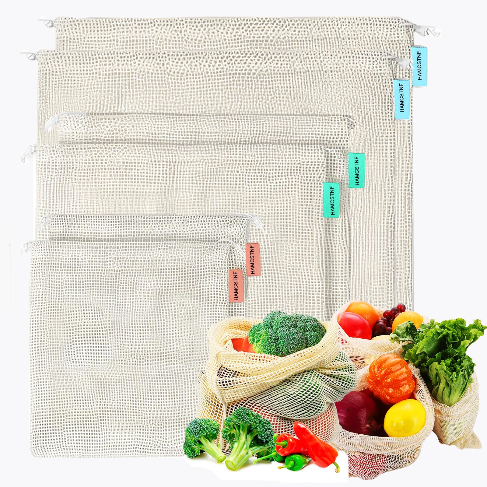 Produce Bags Reusable Washable - Vegetable Bags, Grocery Bags, Cotton Mesh Bags, Produce Storage Bags, See Through Tare Weight Bulk Drawstring Net Bags for Veggies and Fruits （6 Pack，2S/2M/2L）