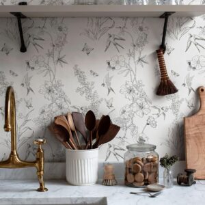 HomKihapai Vintage Wallpaper- Black and White Wallpaper Floral Peel and Stick Wallpaper Modern Bird Wallpaper for Bathroom Waterproof Contact Paper (Black and White, 118"X17.4")