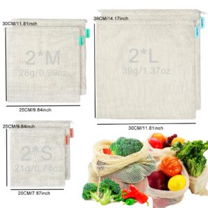 Produce Bags Reusable Washable - Vegetable Bags, Grocery Bags, Cotton Mesh Bags, Produce Storage Bags, See Through Tare Weight Bulk Drawstring Net Bags for Veggies and Fruits （6 Pack，2S/2M/2L）