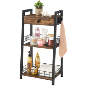 gewudraw 3-tier bathroom ladder shelf with drawer, bathroom floor storage shelf, freestanding tower shelf ladder bookshelf for living room, bathroom, bedroom -rustic brown