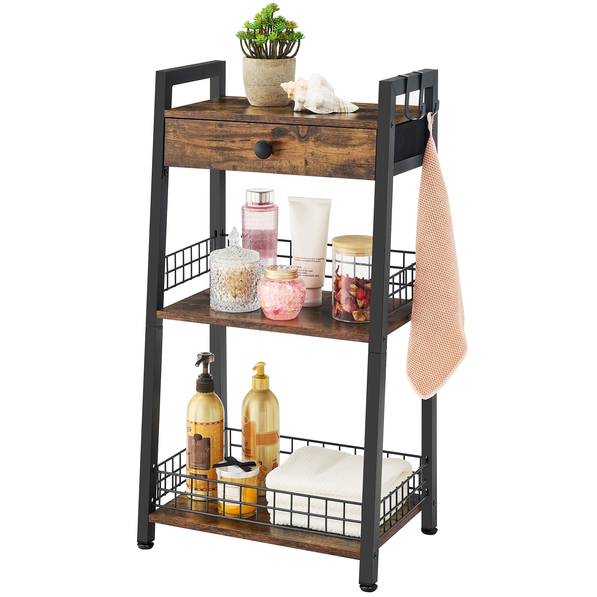 Gewudraw 3-Tier Bathroom Ladder Shelf with Drawer, Bathroom Floor Storage Shelf, Freestanding Tower Shelf Ladder Bookshelf for Living Room, Bathroom, Bedroom -Rustic Brown