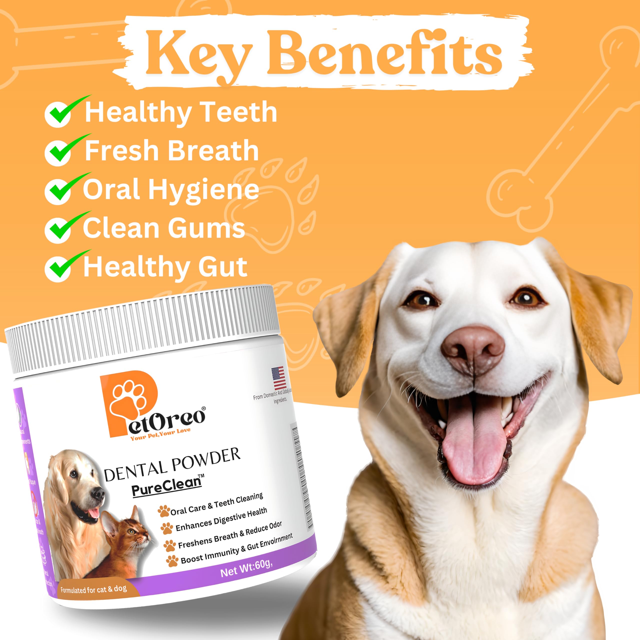 PETOREO Dog Teeth Cleaning Powder-Dog Breath Freshener Powder-Dog Bad Breath Treatment-Tartar Remover-Dental Care Supplies for Dogs & Cats, 30 Scoops