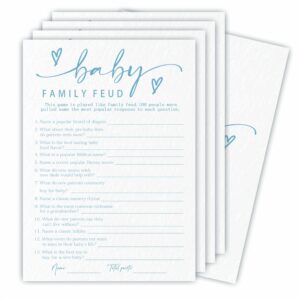 baby family feud game set for baby shower - minimalism white & blue - 30 double-sided fill in style game cards with answer cards, gender reveal, baby announcement, party favor & supplies - a04