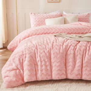 andency pink fleece comforter set full, 3 pieces fuzzy shaggy plush sherpa bedding comforter set women girls, solid fluffy faux fur bed comforter set for winter