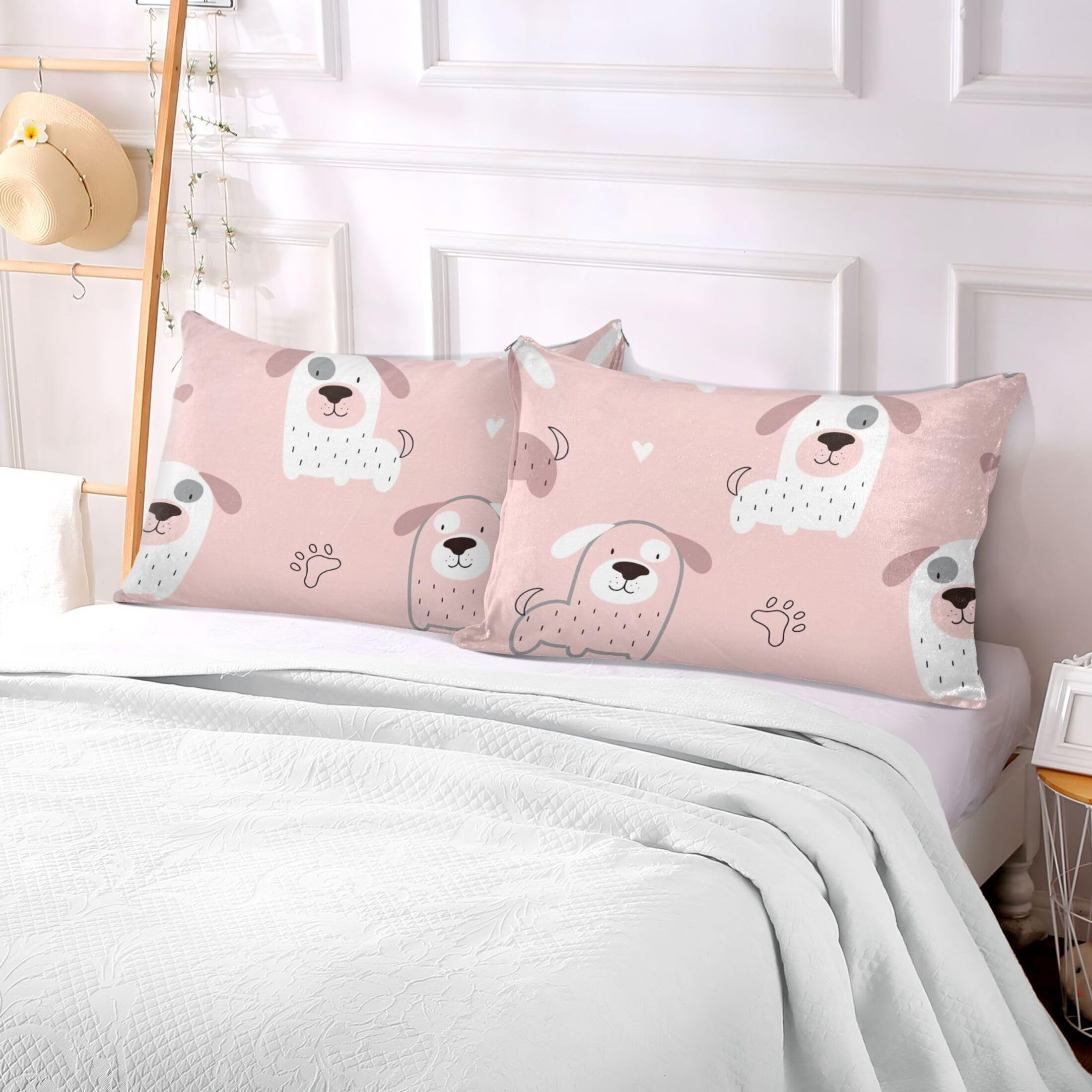 TSENQUE Pink Childish Dog Puppy Decorative Zippered Pillowcase Pillow Sham Standard Queen King Body Pillows Cute Bed Pillows Decoration for Bed Pillow, Queen Size, 20" x 30"