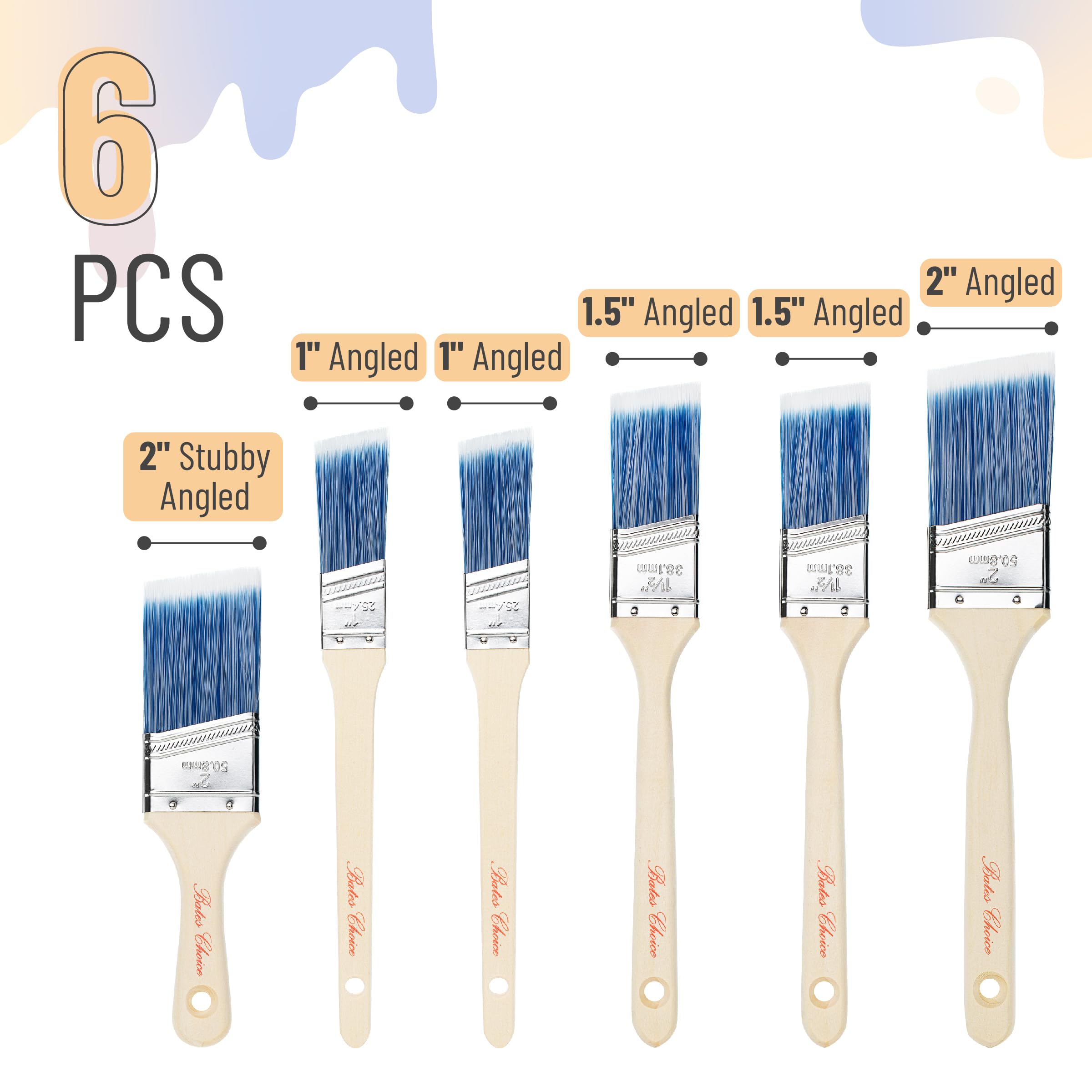 Bates- Paint Brushes, 6 Pack, 1", 1.5", 2", Angle Brushes, Treated Wood Handle, Paint Brushes for Walls, Stain Brush, Wall Paint Brushes, Furniture Paint Brushes for Painting Walls, Painting Brush