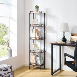 Gewudraw 5-Tier Tall Bookshelf, Narrow Bookcase with guardrail, Freestanding Storage Stand Display Rack for Living Room, Bedroom, Home Office, 11 x 14 x 59 Inches, Rustic Brown and Black