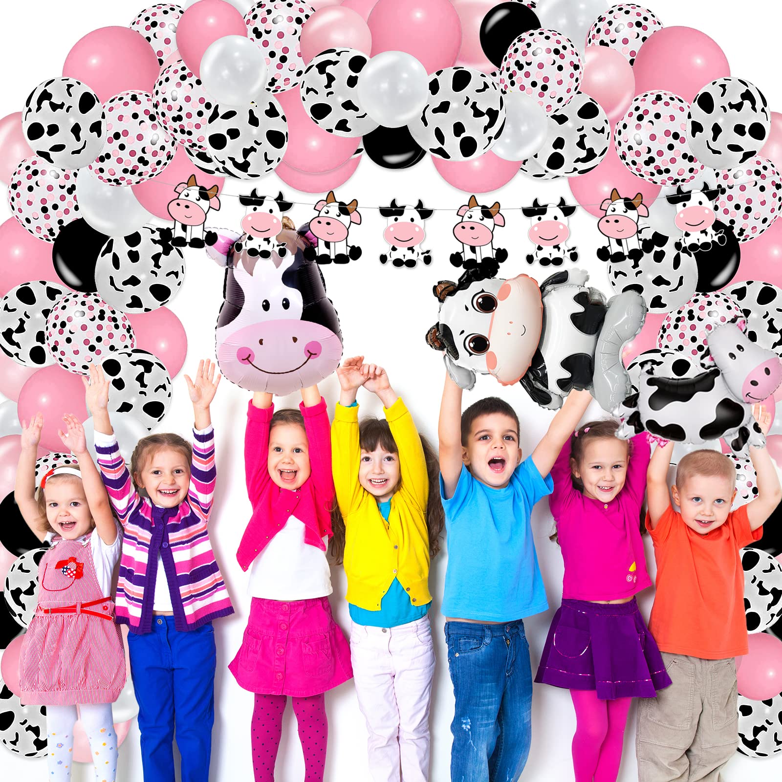 120PCS Cow Birthday Party Decorations, Cow Print Birthday Decorations Include Pink Cow Balloon Garland Arch Tablecloth Banner Toppers Balloons for Cow Themed Birthday Party Supplies