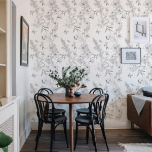 HomKihapai Vintage Wallpaper- Black and White Wallpaper Floral Peel and Stick Wallpaper Modern Bird Wallpaper for Bathroom Waterproof Contact Paper (Black and White, 118"X17.4")