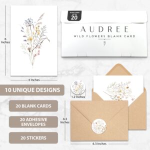 AUDREE 20 Pack Blank Cards and Envelopes 4x6 - Watercolor Wildflowers Blank Greeting Cards with Envelopes and Matching Sticker - Blank Note Cards and Envelopes for All Occasions