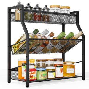 dunatou 3 tier spice rack, kitchen storage organizer shelf for countertop, metal seasoning storage shelf with guardrail and mesh design for kitchen, countertop, dining room, black