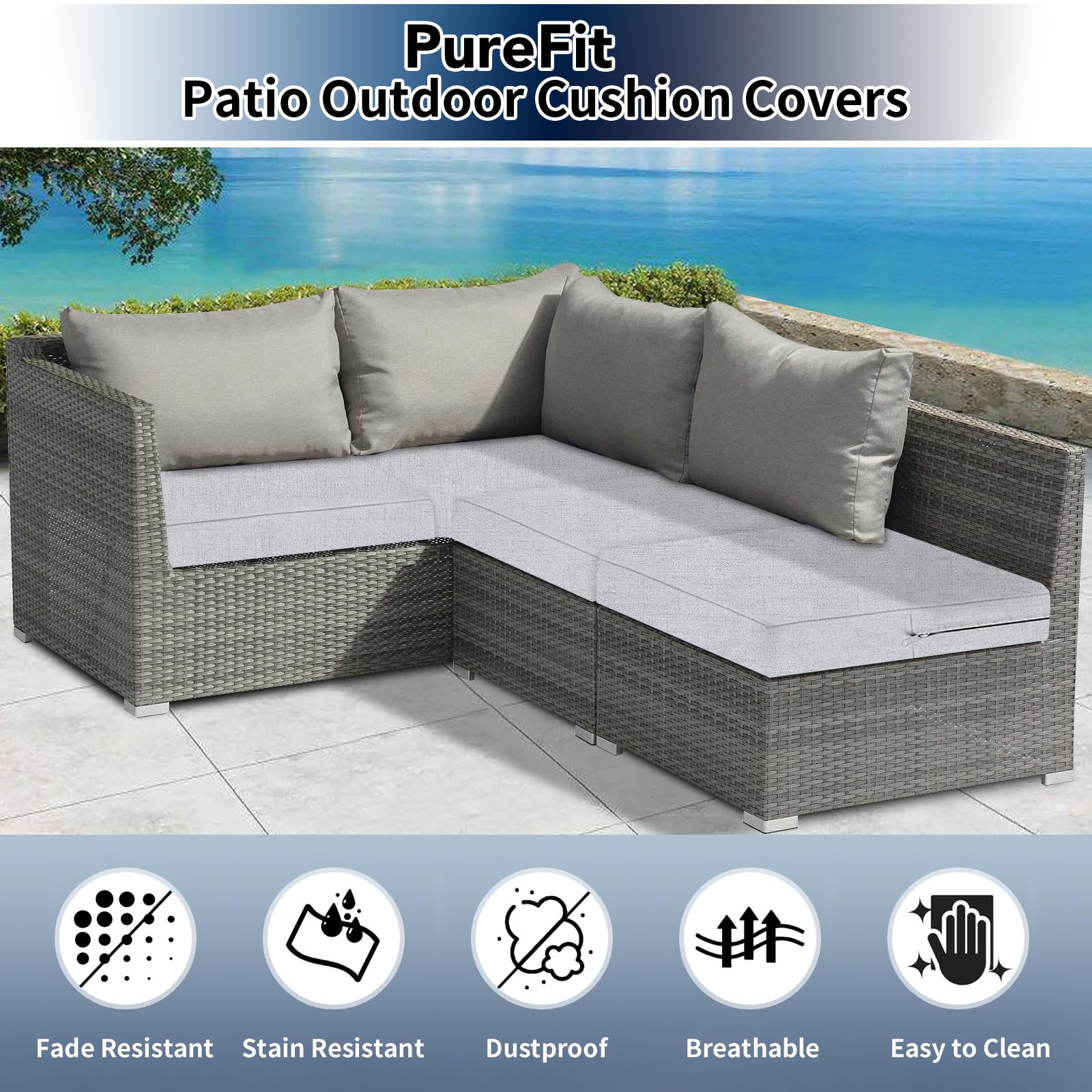 PureFit Waterproof Outdoor Cushion Covers Replacement for Patio Furniture Chair Seat Cushion Covers 24x24 inch for Outdoor Furniture Garden Backyard with Zipper, 4 Pack SLIPCOVERS ONLY, Gray