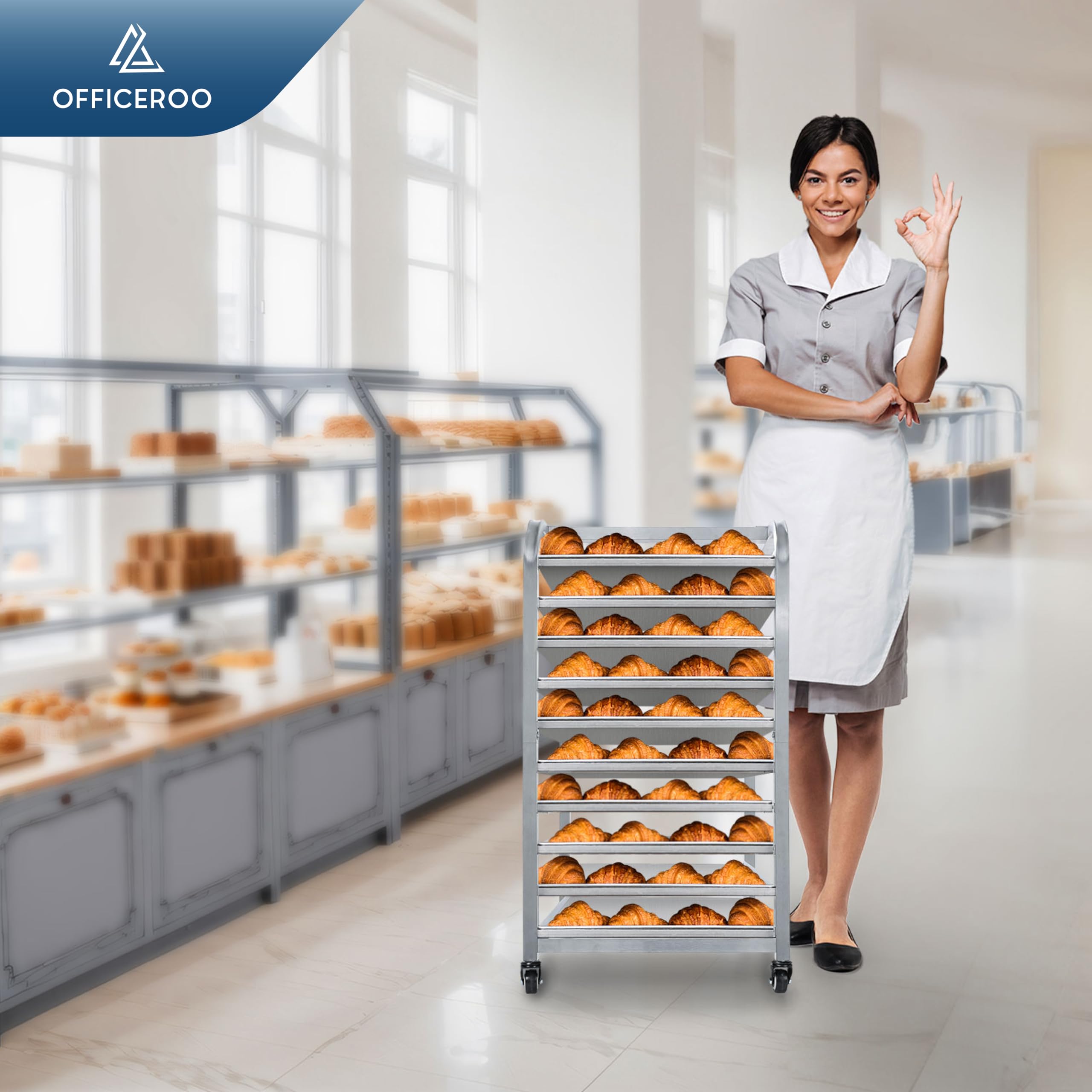 OFFICEROO Bakery Bun Pan Speed Rack - Half Sheet Only, Size Adjusted, Food Trays Cart, for Commercial Baking and Bakers (10 Tiers), Trays Not Included