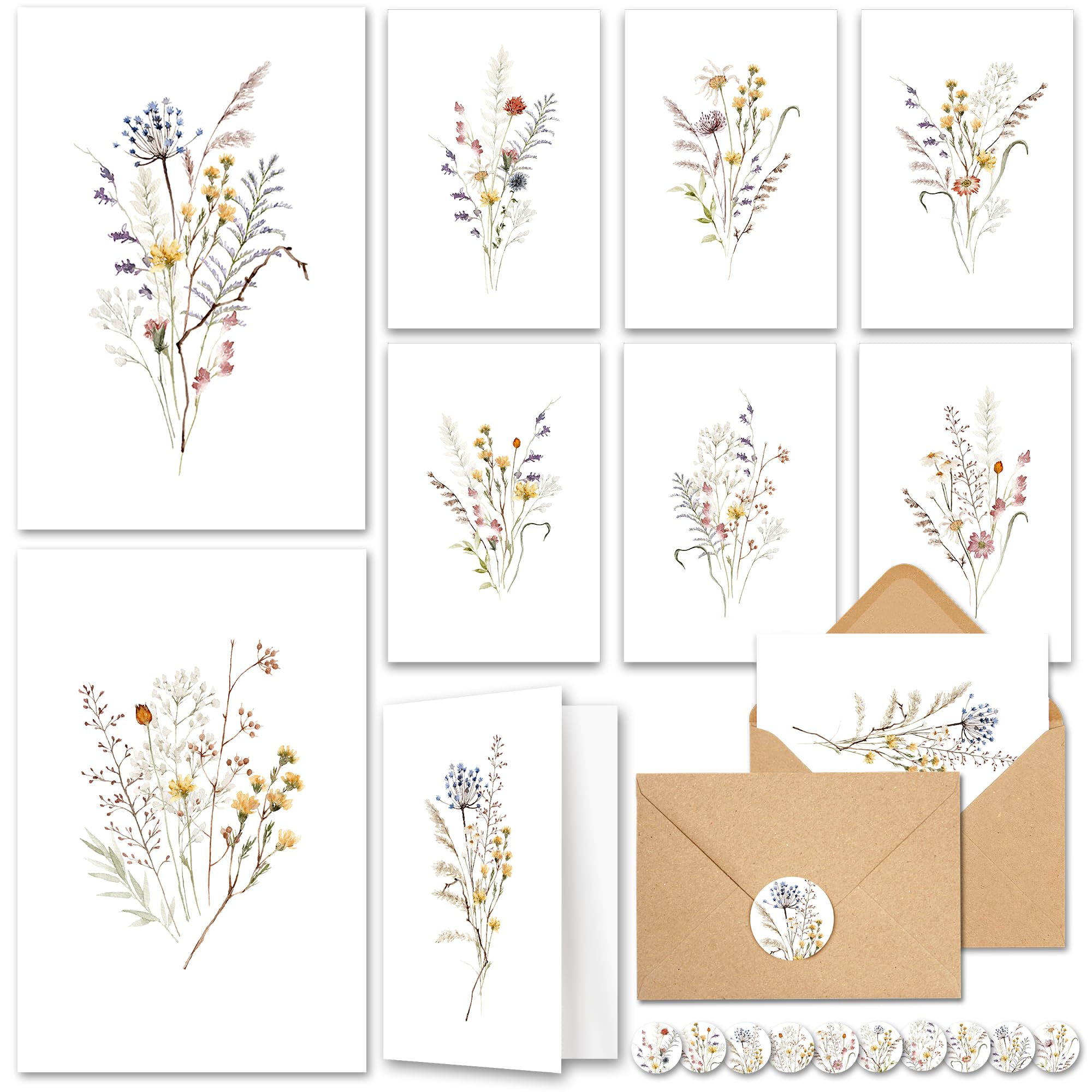 AUDREE 20 Pack Blank Cards and Envelopes 4x6 - Watercolor Wildflowers Blank Greeting Cards with Envelopes and Matching Sticker - Blank Note Cards and Envelopes for All Occasions