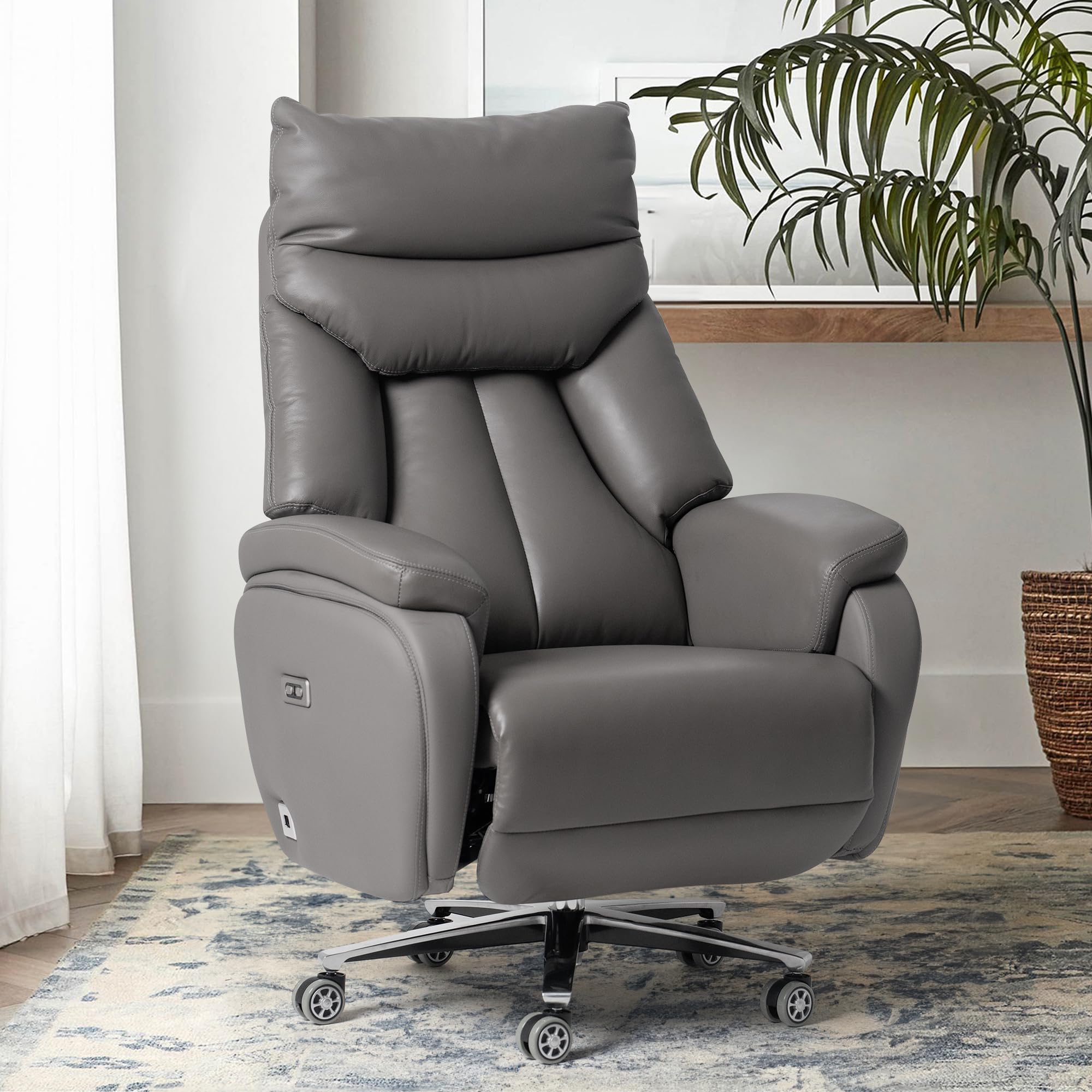 Kinnls Coast Power Office Recliner Chair,Big and Tall Executive Office Chair Fully Reclining Modern Ergonomic Genuine Leather Desk Chair with Arms (Gray-Dual Motor)