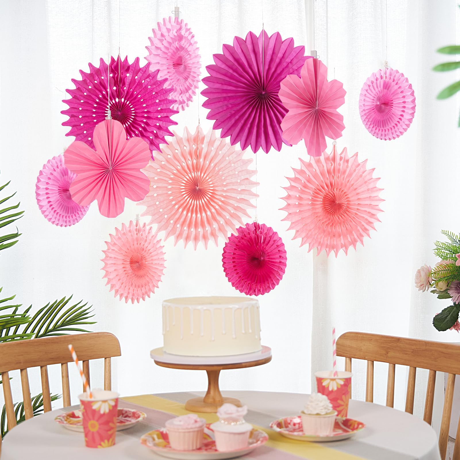 PAPER JAZZ Paper Flowers Hot Pink Paper Flowers Decorations for Wall Hanging Paper Fans for Wedding Floral Backdrop Decor Bridal Shower Birthday Party Decorations Pack of 11