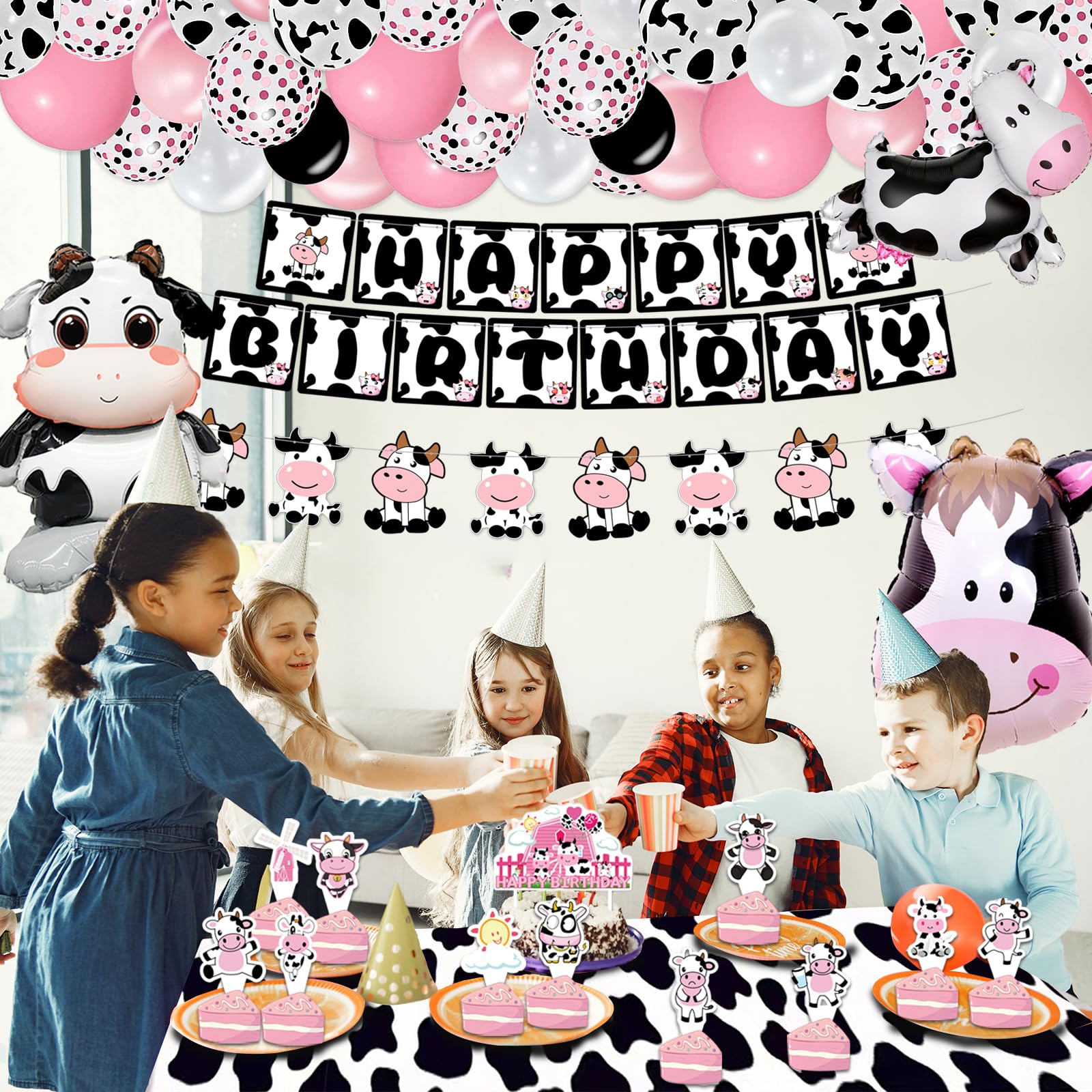 120PCS Cow Birthday Party Decorations, Cow Print Birthday Decorations Include Pink Cow Balloon Garland Arch Tablecloth Banner Toppers Balloons for Cow Themed Birthday Party Supplies