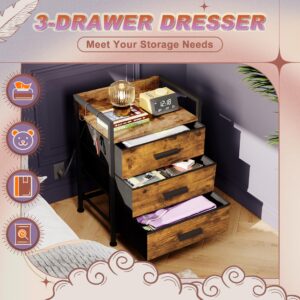 Nightstand 3 Drawer Dresser, 11"Dx15.6"Wx21"H, Set of 2 Side Table with Fabric Drawers, End Table with Open Shelf, Small Dresser for Kids Closet Bedroom,Guest Room(Rustic Brown, Set of 2 with Charger)