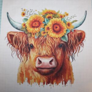 Fabric Panel 14"x14" Sunflower Highland Cow 100% Cotton Quilting Panel Square B42