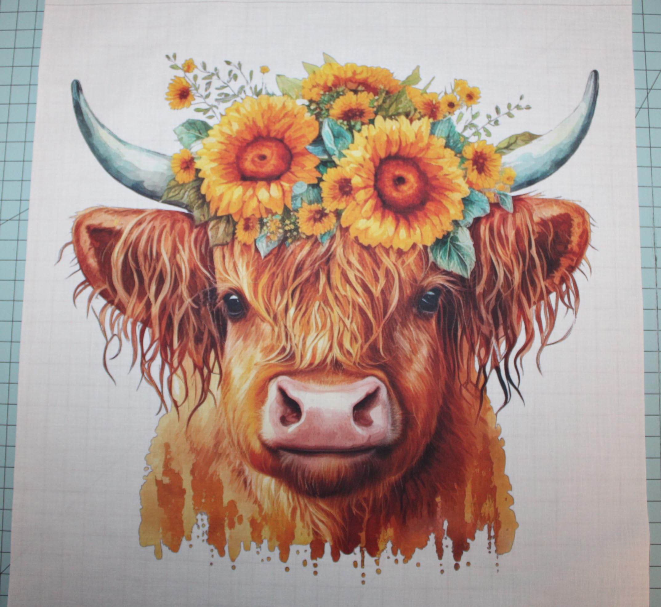 Fabric Panel 14"x14" Sunflower Highland Cow 100% Cotton Quilting Panel Square B42