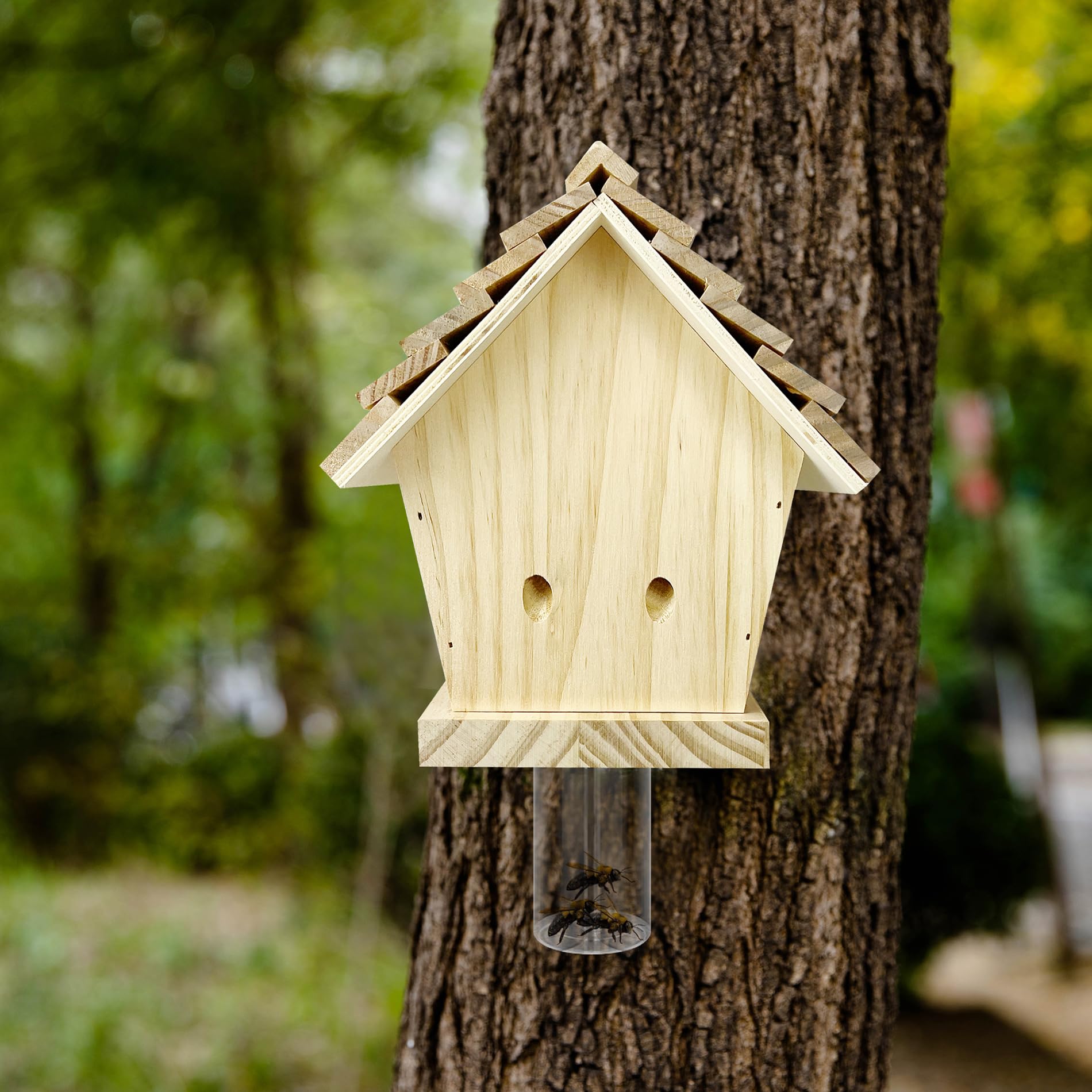 GRTRE 1 Pack Wood Carpenter Bee Trap for Outside - Best Bee Trap - Wood Boring Bee Trap- Nature Chalet Style Carpenter Bee Traps Outdoor Hanging - Insect Traps Removes Carpenter bee