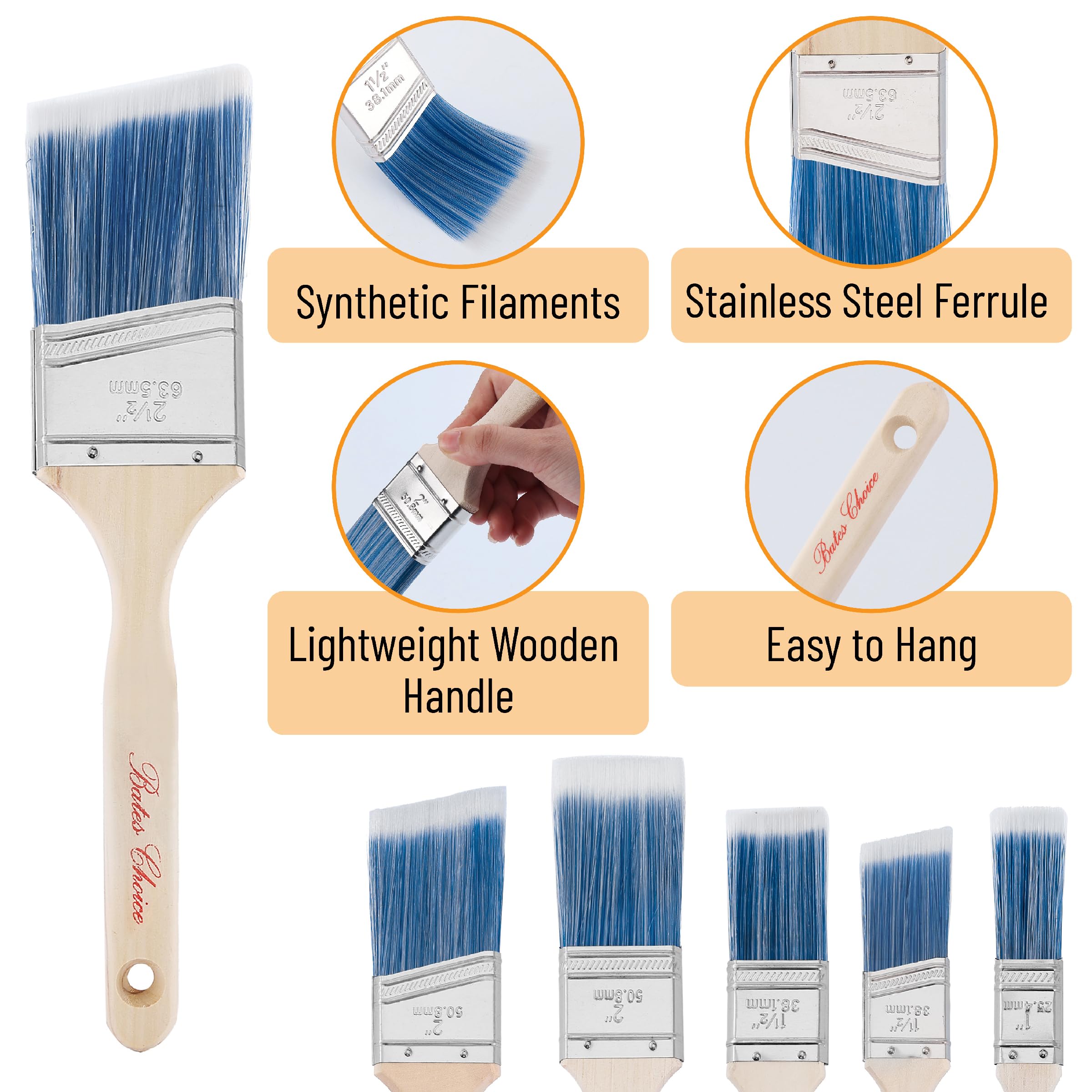 Bates- Paint Brushes, 6 Pack, 1", 1.5", 2", Angle Brushes, Treated Wood Handle, Paint Brushes for Walls, Stain Brush, Wall Paint Brushes, Furniture Paint Brushes for Painting Walls, Painting Brush