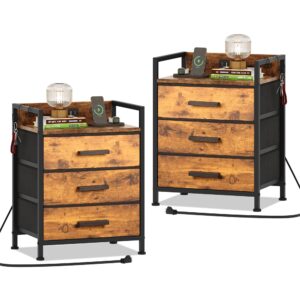 nightstand 3 drawer dresser, 11"dx15.6"wx21"h, set of 2 side table with fabric drawers, end table with open shelf, small dresser for kids closet bedroom,guest room(rustic brown, set of 2 with charger)