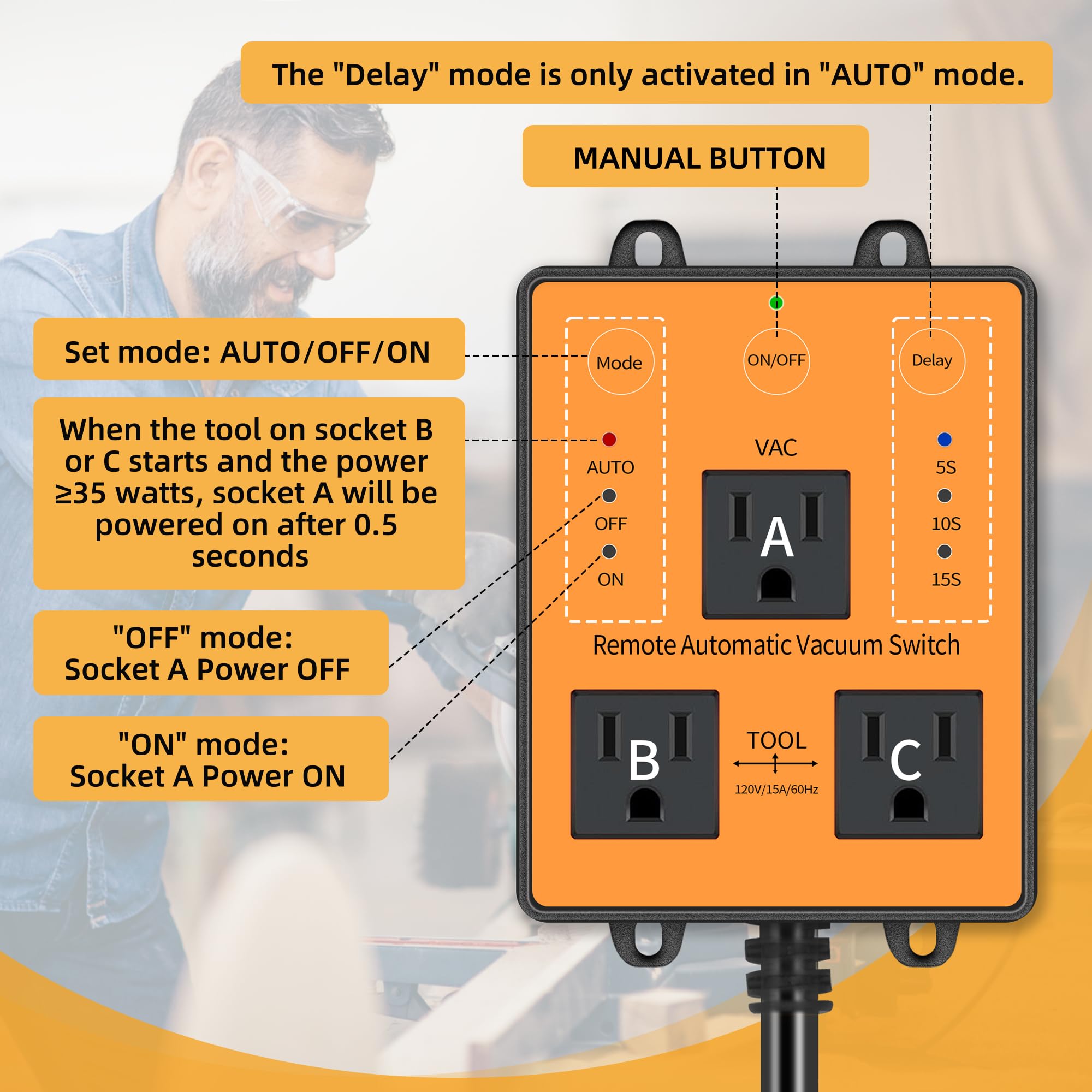 Automatic Vacuum switches for More Power Tools MIAOLINK AC 120V Automatic switches for dust Control, Delayed Vacuum switches, Circuit Overload and Trip Protection, Added Remote Control Function