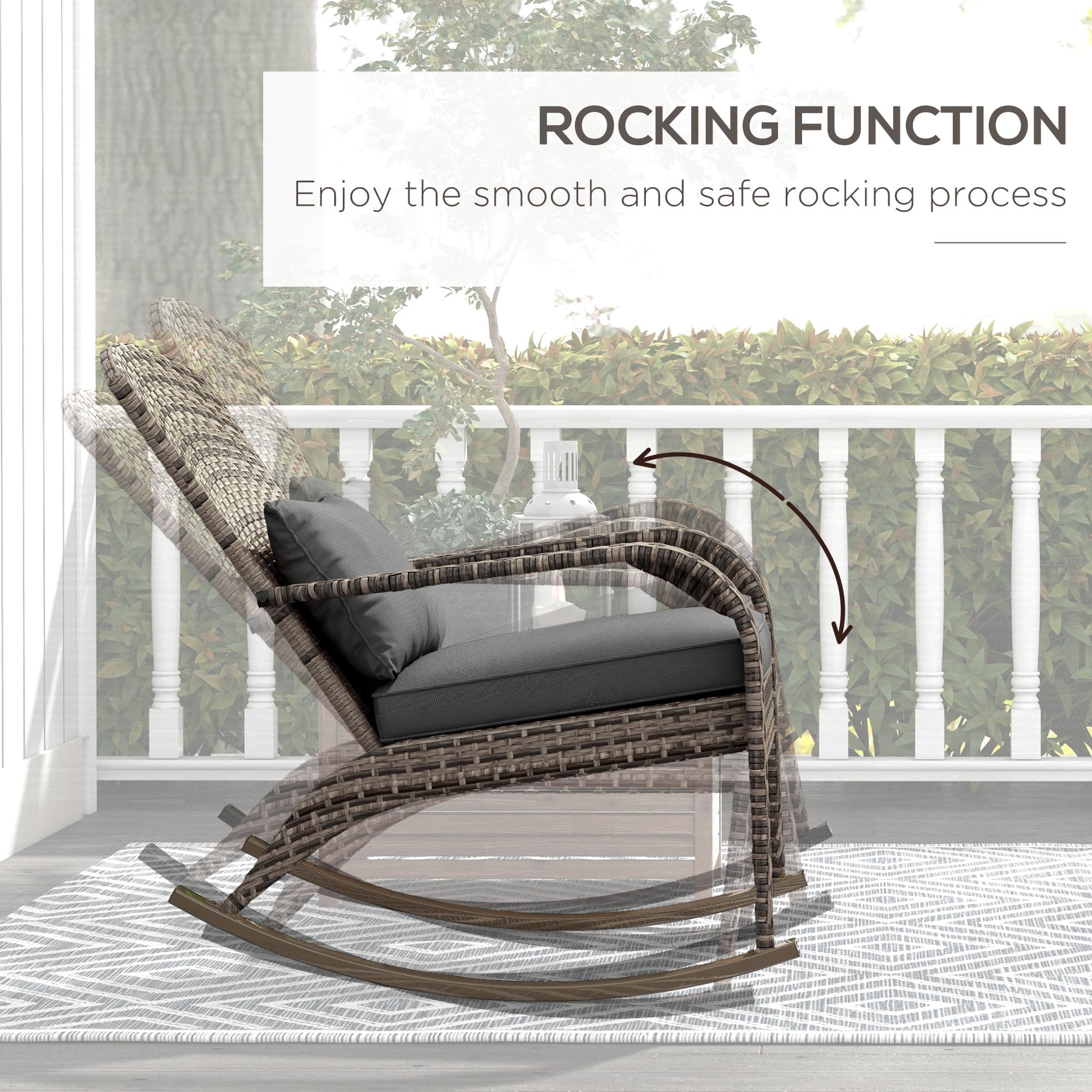 Outsunny Outdoor Wicker Adirondack Rocking Chair, Patio Rattan Rocker Chair with High Back, Seat Cushion, and Pillow for Garden, Porch, Balcony, Gray