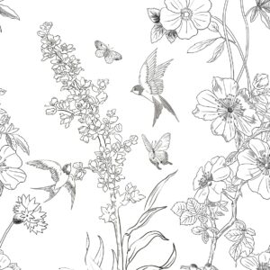 HomKihapai Vintage Wallpaper- Black and White Wallpaper Floral Peel and Stick Wallpaper Modern Bird Wallpaper for Bathroom Waterproof Contact Paper (Black and White, 118"X17.4")