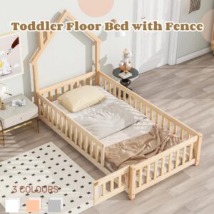 Twin Floor Bed with Rails and House-Shaped Headboard Kids Bed Frame with Fence and Doors Twin Size Wood Montessori Floor Bed for Baby Girls Boys, Natural