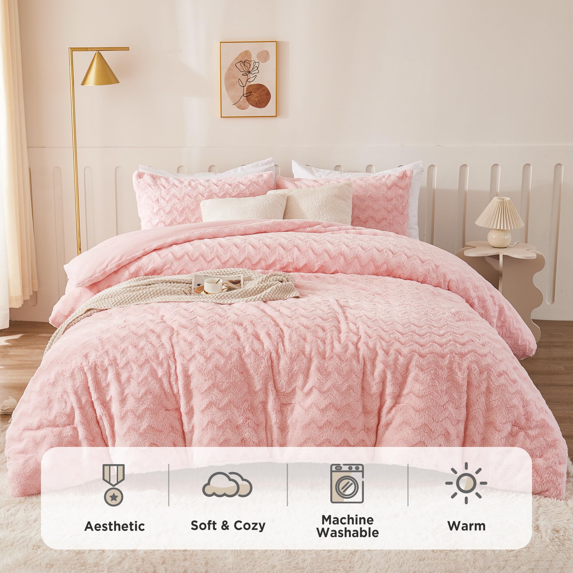 Andency Pink Fleece Comforter Set Full, 3 Pieces Fuzzy Shaggy Plush Sherpa Bedding Comforter Set Women Girls, Solid Fluffy Faux Fur Bed Comforter Set for Winter