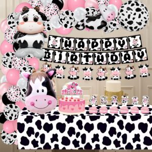 120PCS Cow Birthday Party Decorations, Cow Print Birthday Decorations Include Pink Cow Balloon Garland Arch Tablecloth Banner Toppers Balloons for Cow Themed Birthday Party Supplies