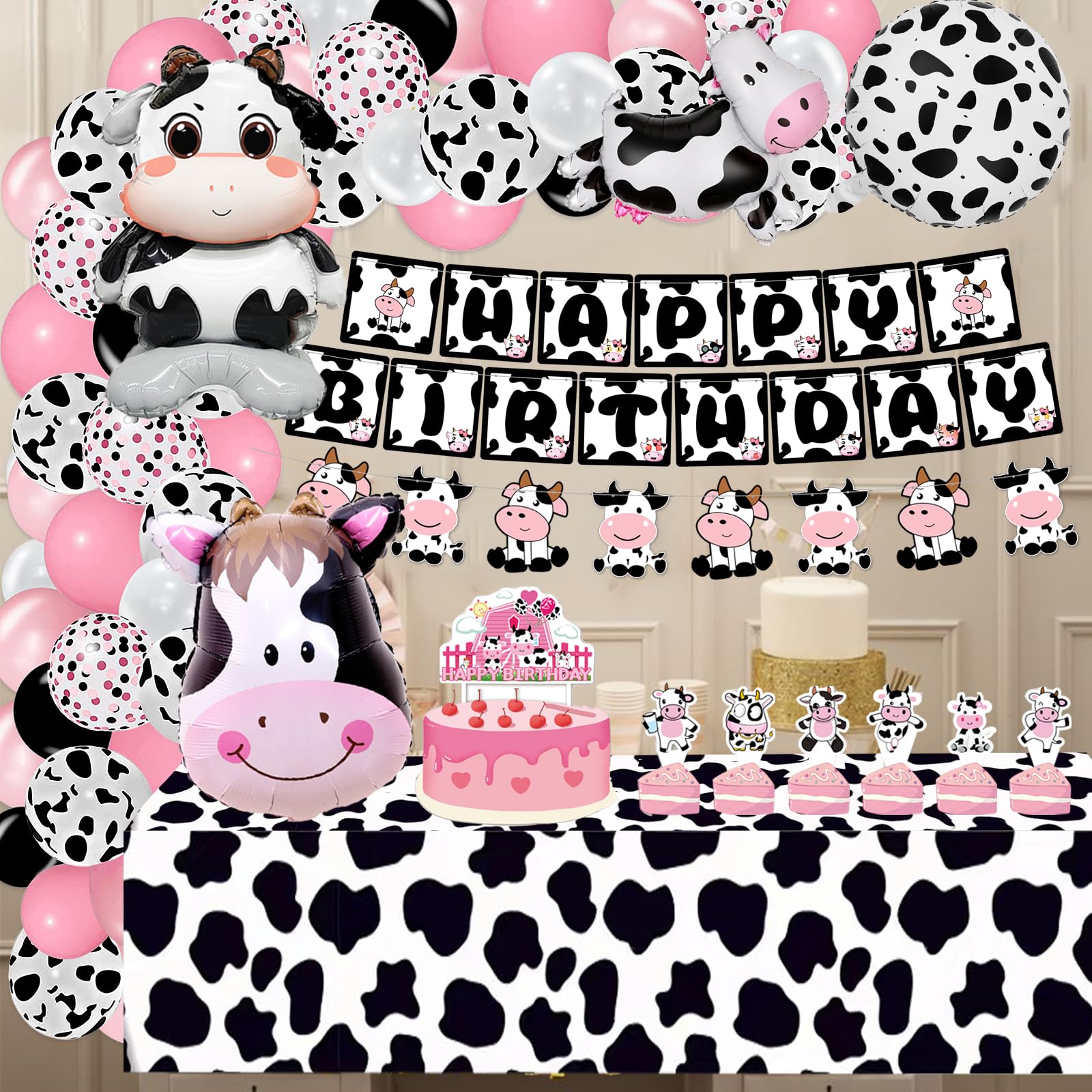 120PCS Cow Birthday Party Decorations, Cow Print Birthday Decorations Include Pink Cow Balloon Garland Arch Tablecloth Banner Toppers Balloons for Cow Themed Birthday Party Supplies