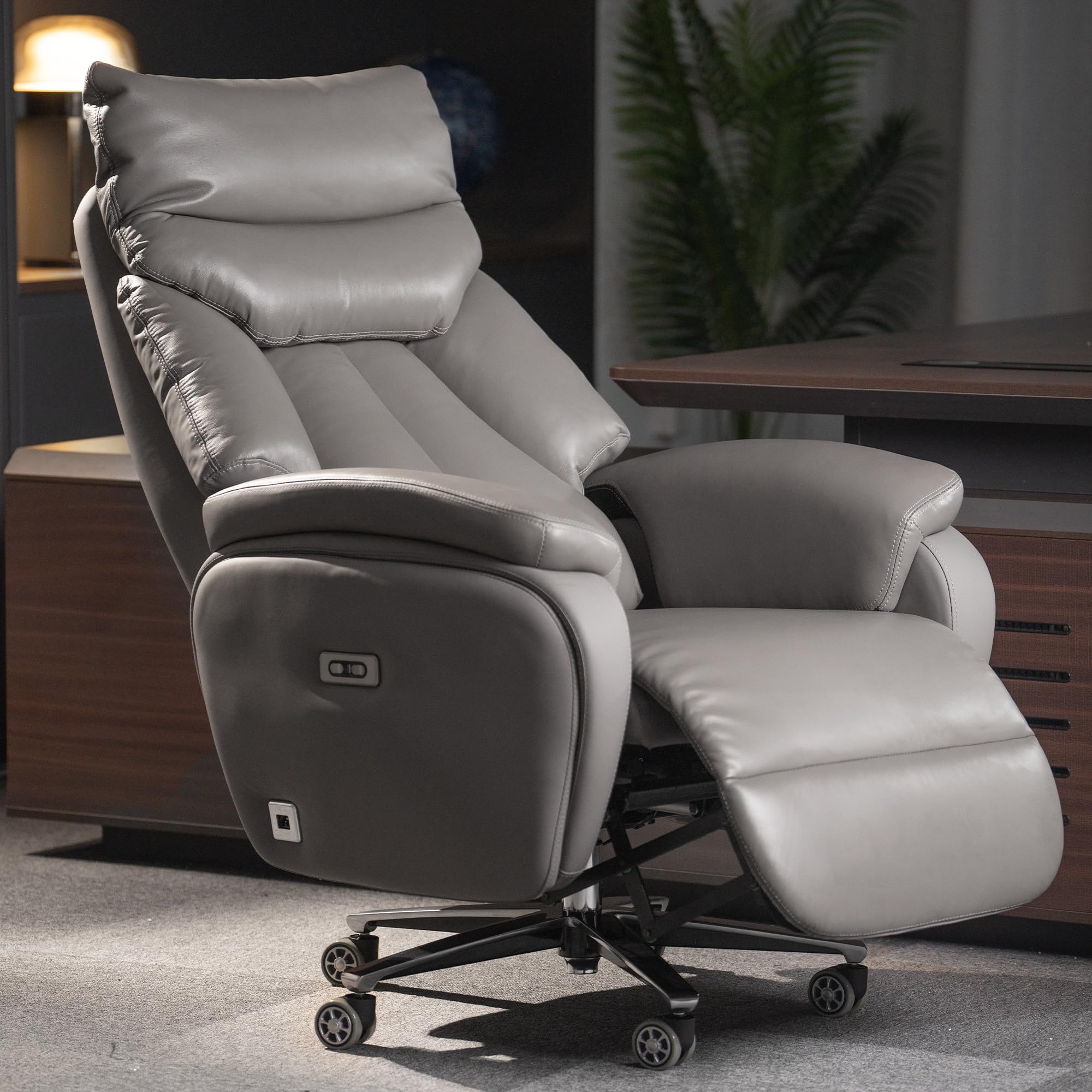 Kinnls Coast Power Office Recliner Chair,Big and Tall Executive Office Chair Fully Reclining Modern Ergonomic Genuine Leather Desk Chair with Arms (Gray-Dual Motor)