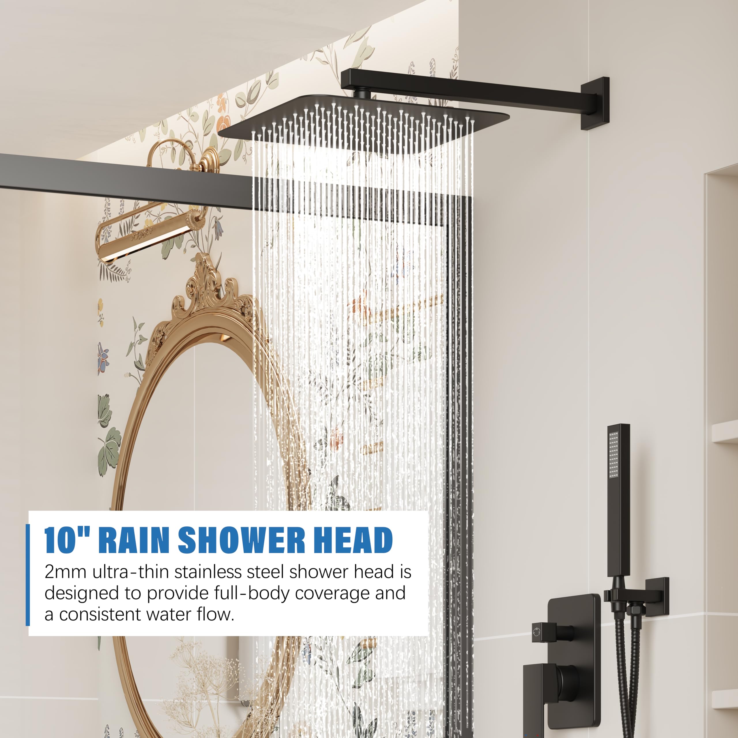 Holispa Black Shower System with Tub Spout, All Metal Tub Shower Faucet Set with 10” Rain Shower Head and Handheld Spray combo, Wall Mounted Tub Shower Systems with Valve and Trim Kit, Matte Black