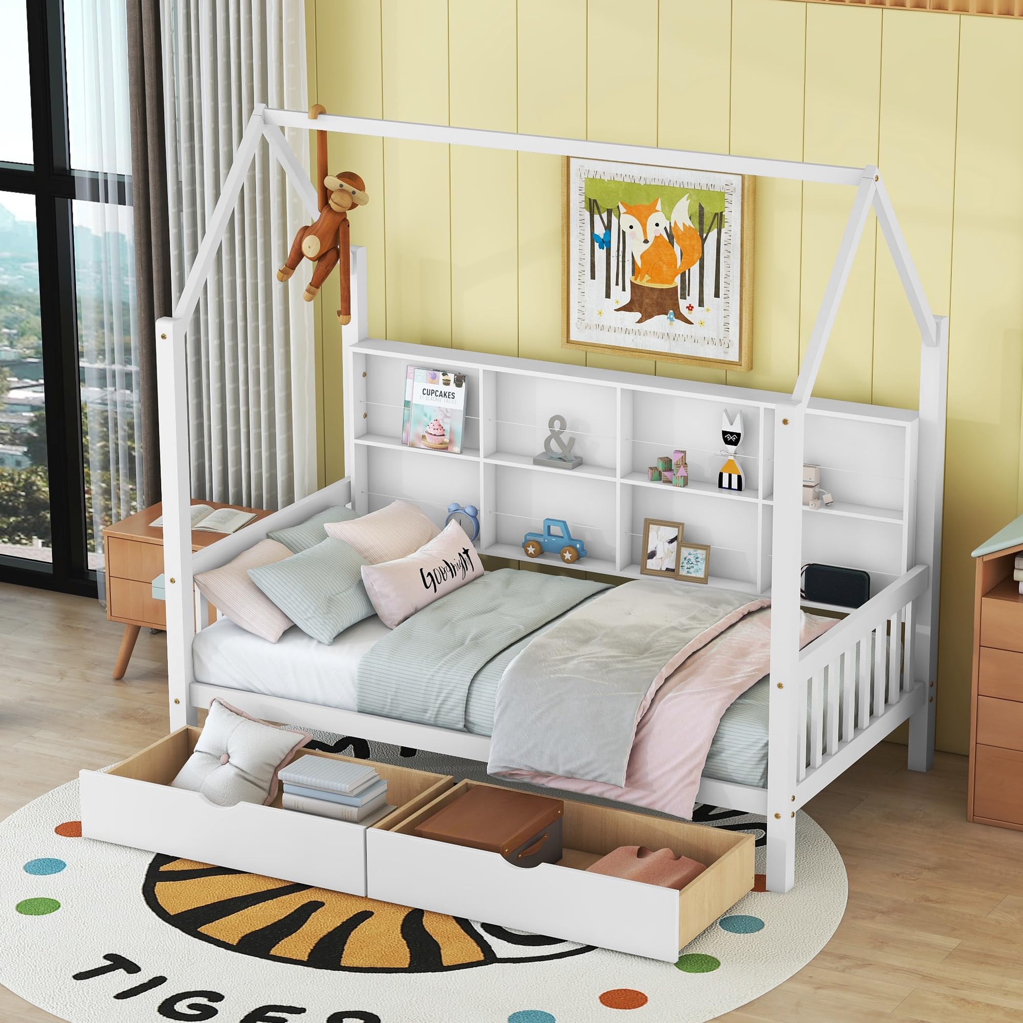 Bellemave Full House Bed with Storage Drawers, Full Size Kids Montessori House Bed with Shelves, Wood Tent Cabin Beds Frame for Girls Boys Teens, White