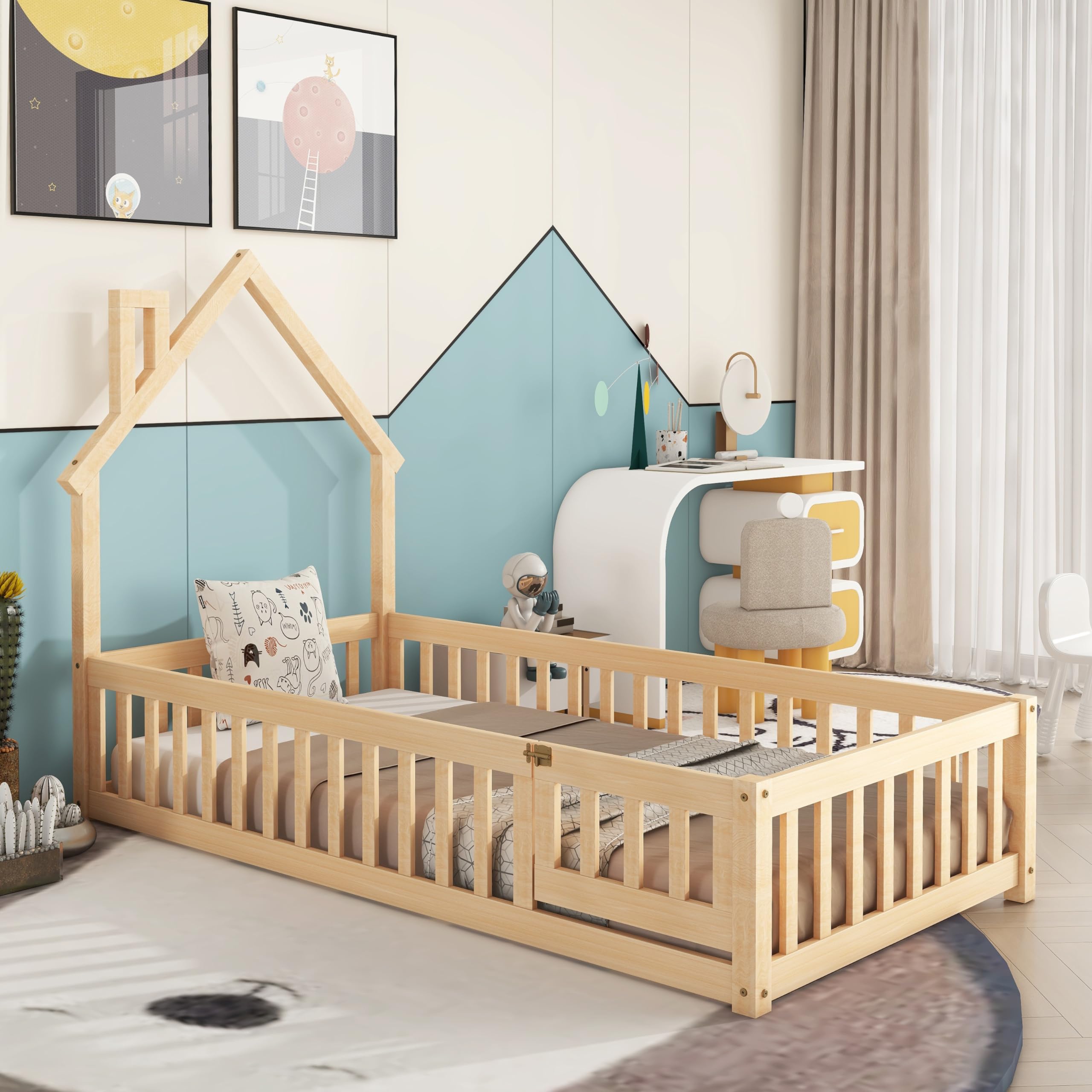 Twin Floor Bed with Rails and House-Shaped Headboard Kids Bed Frame with Fence and Doors Twin Size Wood Montessori Floor Bed for Baby Girls Boys, Natural