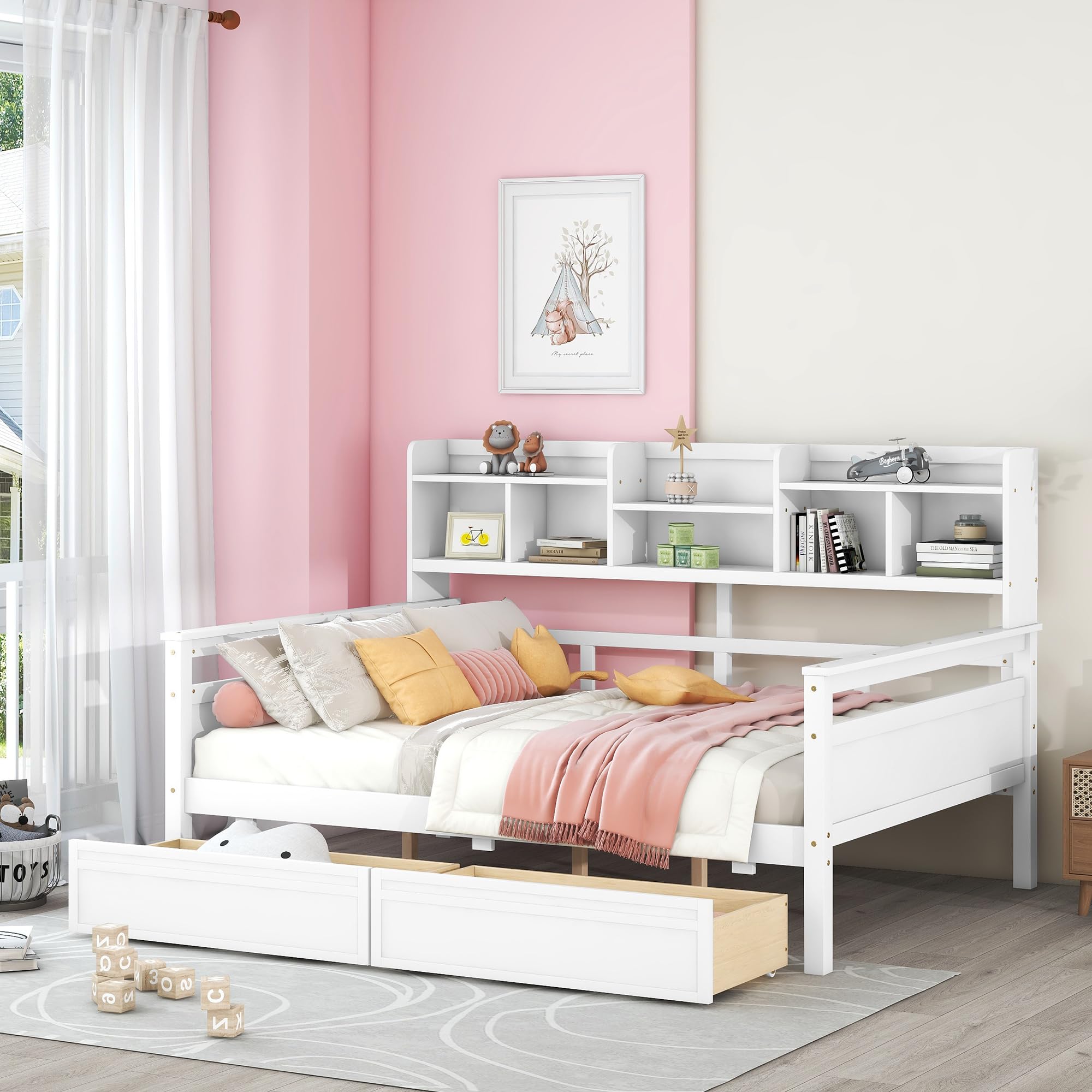 Harper & Bright Designs Full Daybed with Storage, Wooden Full Size Bed Frame with Bookcase Headboard and 2 Drawers, Full Sofa Bed with Shelves for Living Room Bedroom, No Box Spring Need, White