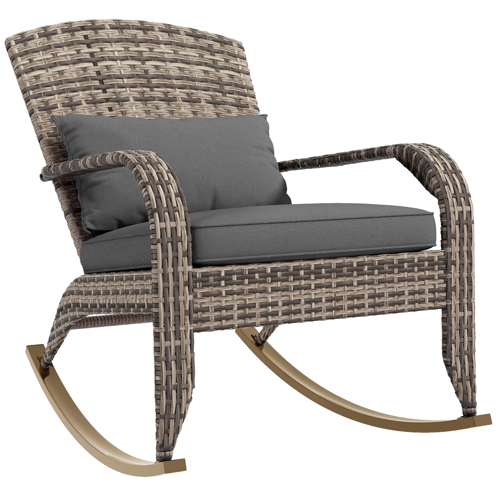 Outsunny Outdoor Wicker Adirondack Rocking Chair, Patio Rattan Rocker Chair with High Back, Seat Cushion, and Pillow for Garden, Porch, Balcony, Gray