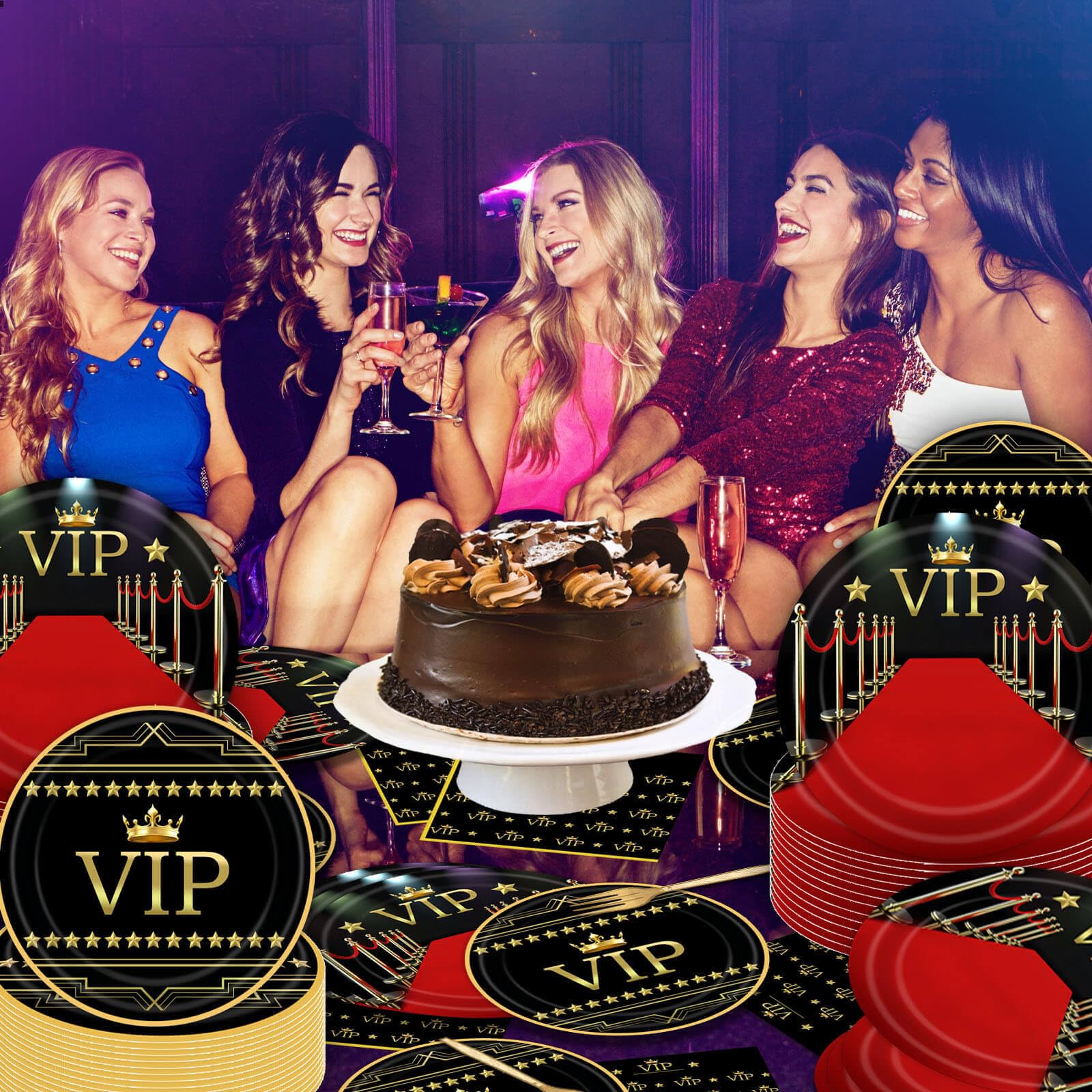 96Pcs VIP Party Supplies Disposable Red Carpet Event Plates and Napkins Fork Tableware Set Cine Film Show Celebrity Activity Graduation Prom Birthday Party Decorations Serves 24 Guests