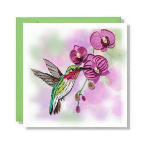 quillcraft hummingbirds and purple orchid quilling card, card, quilled quilling card for mothers day, birthday, thank you, artful card for him her, mom, dad, couple (hummingbirds orchid)