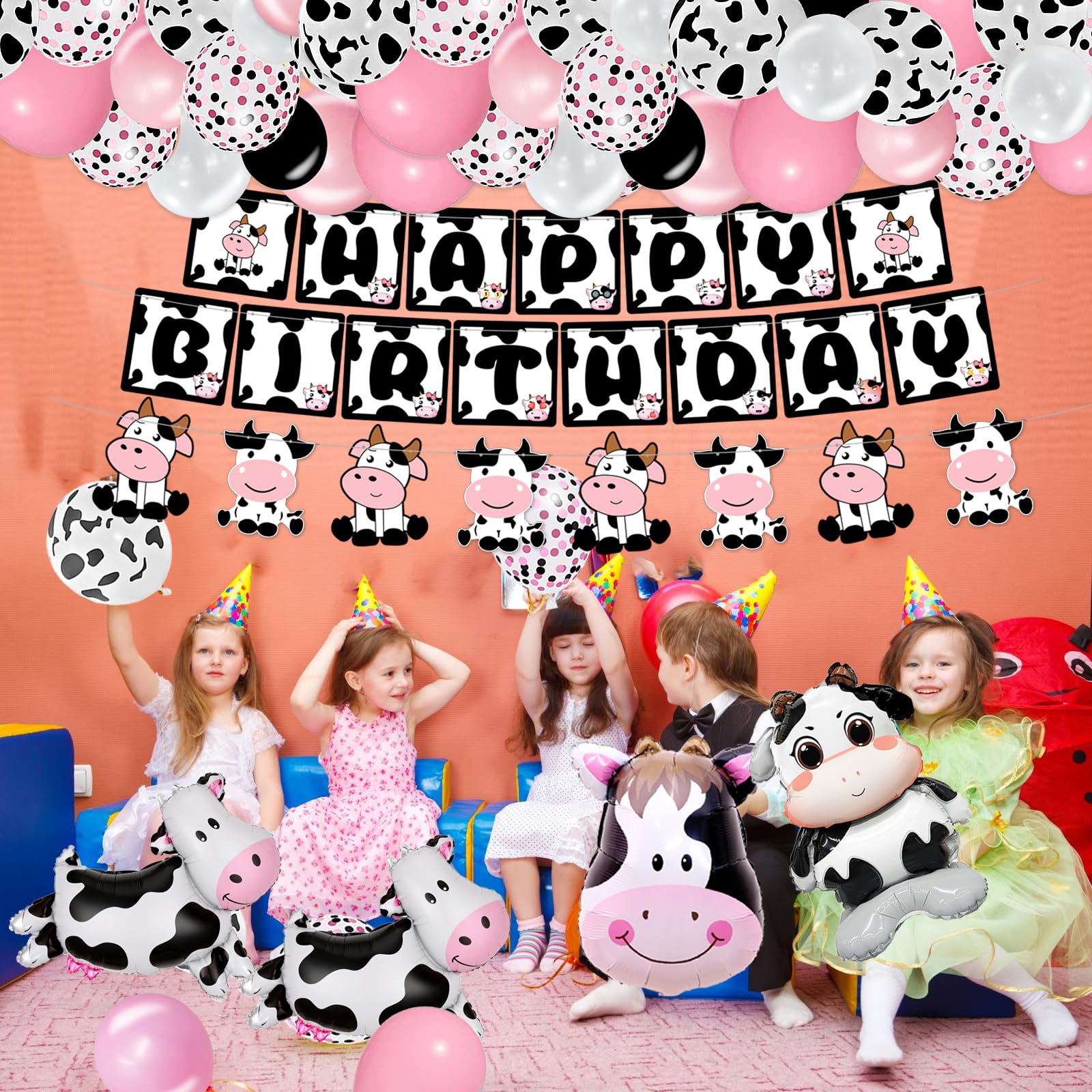 120PCS Cow Birthday Party Decorations, Cow Print Birthday Decorations Include Pink Cow Balloon Garland Arch Tablecloth Banner Toppers Balloons for Cow Themed Birthday Party Supplies