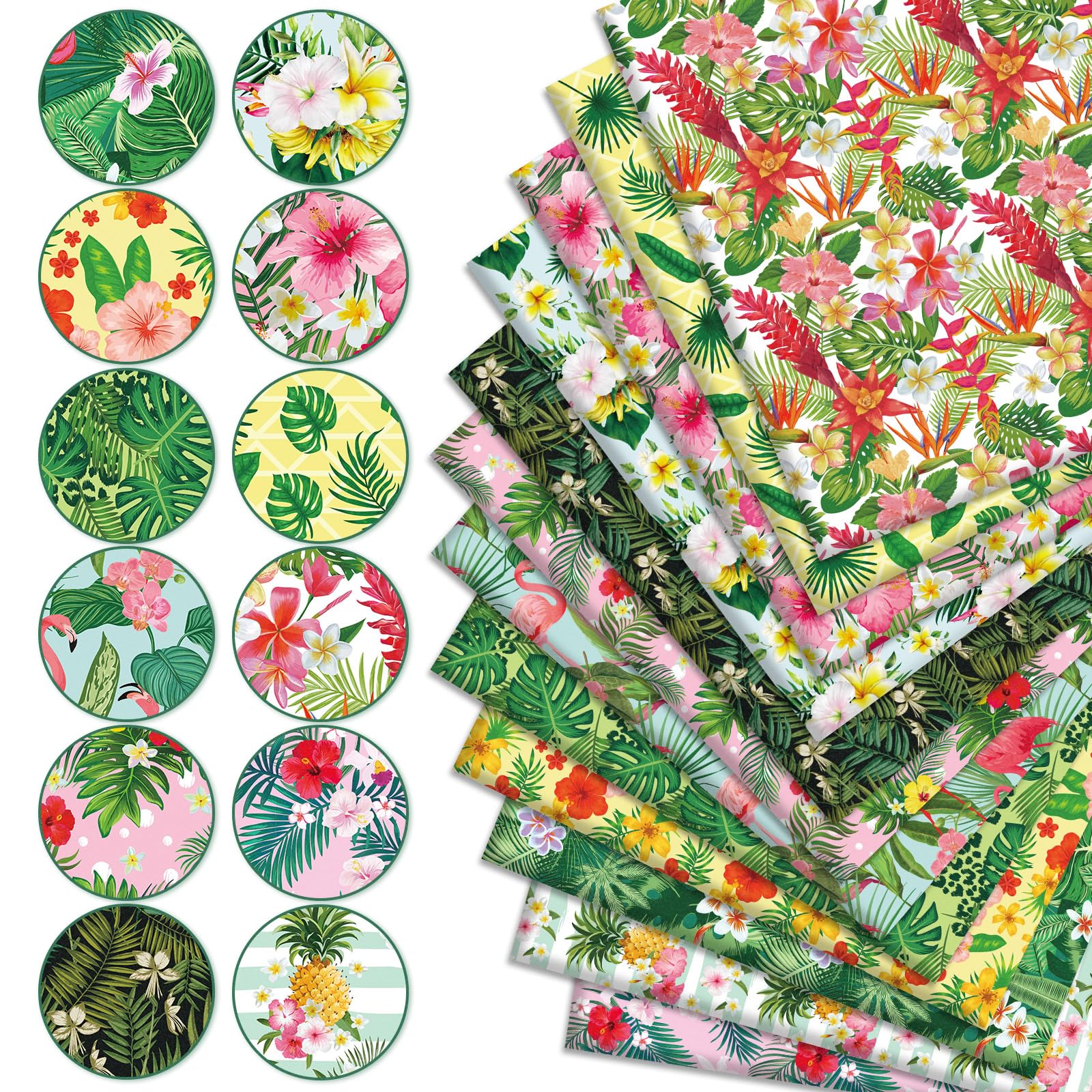 Whaline 12Pcs Summer Cotton Fabric Bundles Tropical Leaves Flower Flamingo Fat Quarters Hawaiian Quilting Patchwork for DIY Handmade Craft Home Party Decor, 18 x 22 Inch