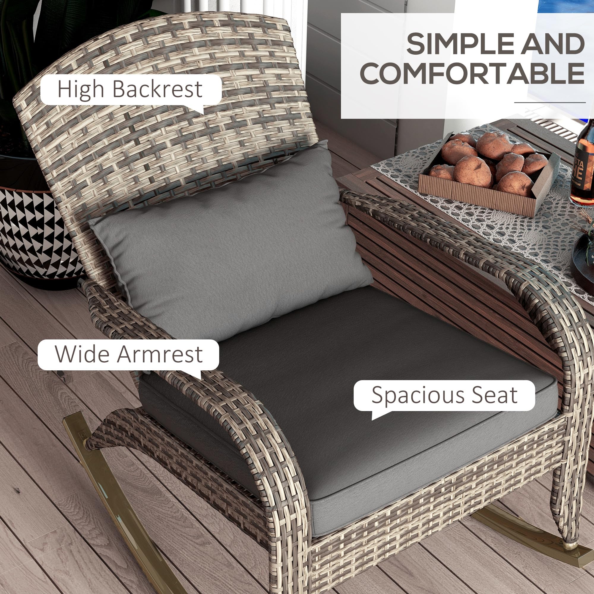 Outsunny Outdoor Wicker Adirondack Rocking Chair, Patio Rattan Rocker Chair with High Back, Seat Cushion, and Pillow for Garden, Porch, Balcony, Gray