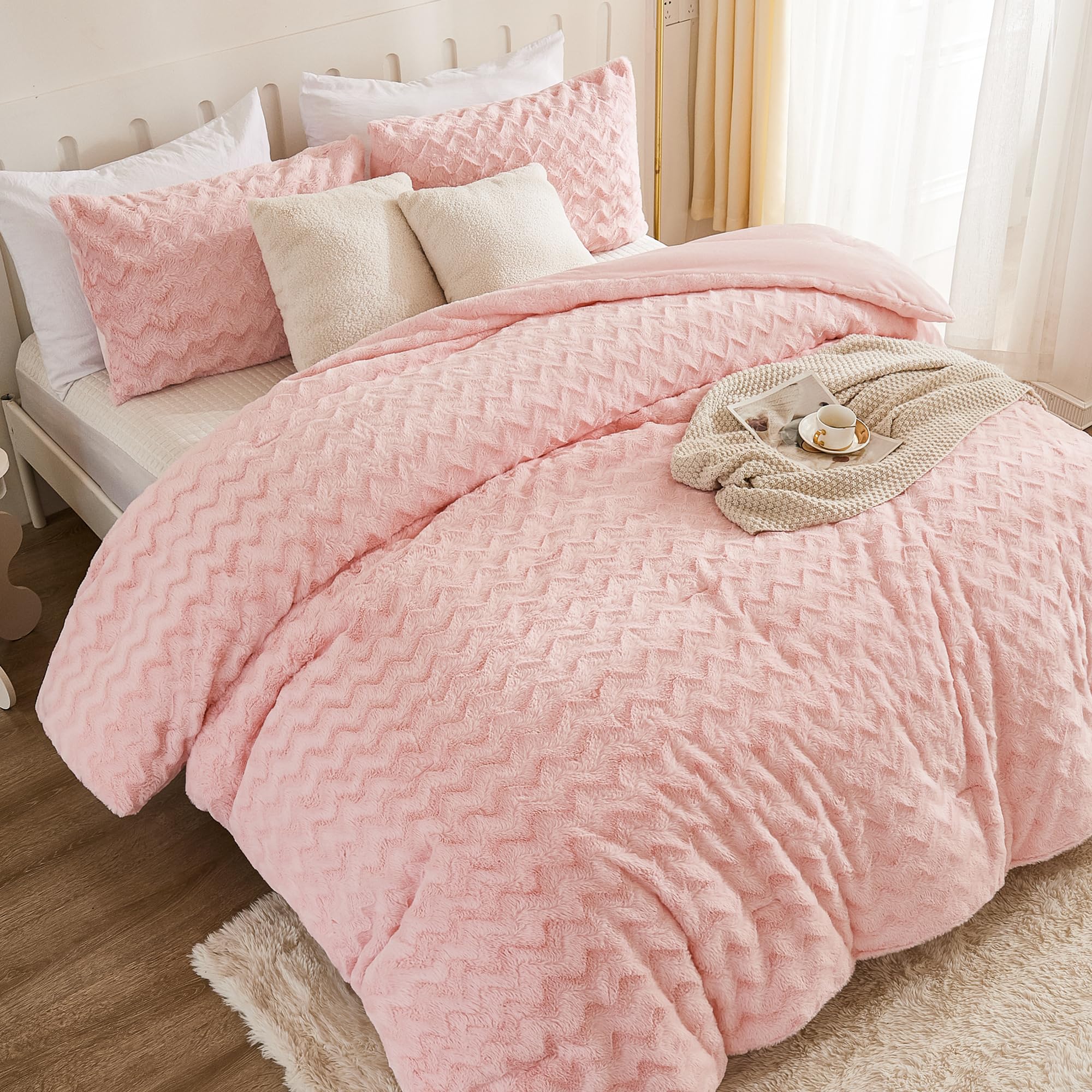 Andency Pink Fleece Comforter Set Full, 3 Pieces Fuzzy Shaggy Plush Sherpa Bedding Comforter Set Women Girls, Solid Fluffy Faux Fur Bed Comforter Set for Winter