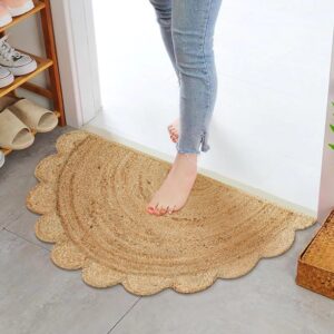 riangi jute rug 1.5 x 3 feet - natural fiber braided rugs, half circle boho kitchen rug, bathroom, and entryway - indoor rugs for entryway, small boho area entry rugs, scalloped rug 1.5x3 ft