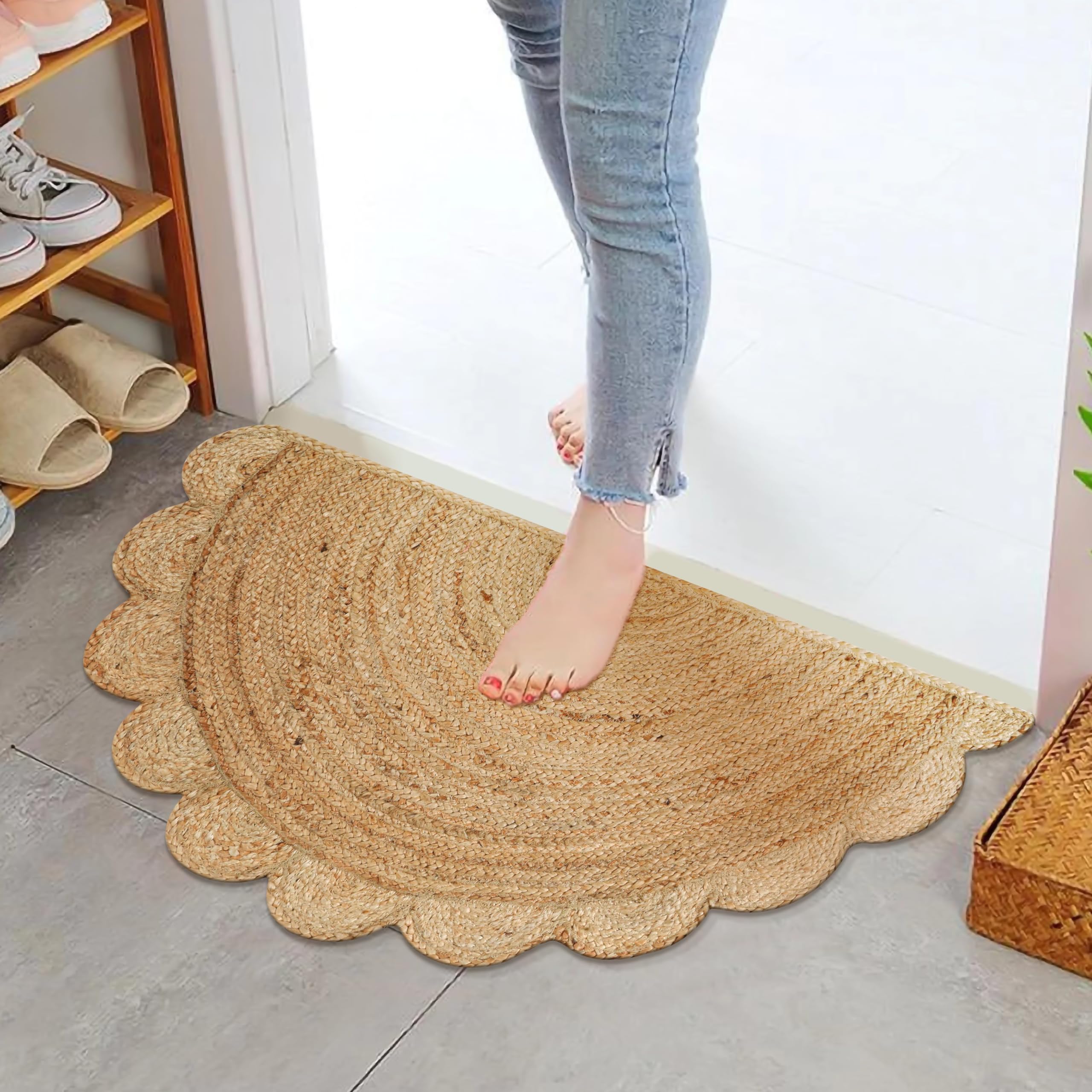 RIANGI Jute Rug 1.5 X 3 Feet - Natural Fiber Braided Rugs, Half Circle Boho Kitchen Rug, Bathroom, and Entryway - Indoor Rugs for Entryway, Small Boho Area Entry Rugs, Scalloped Rug 1.5x3 Ft