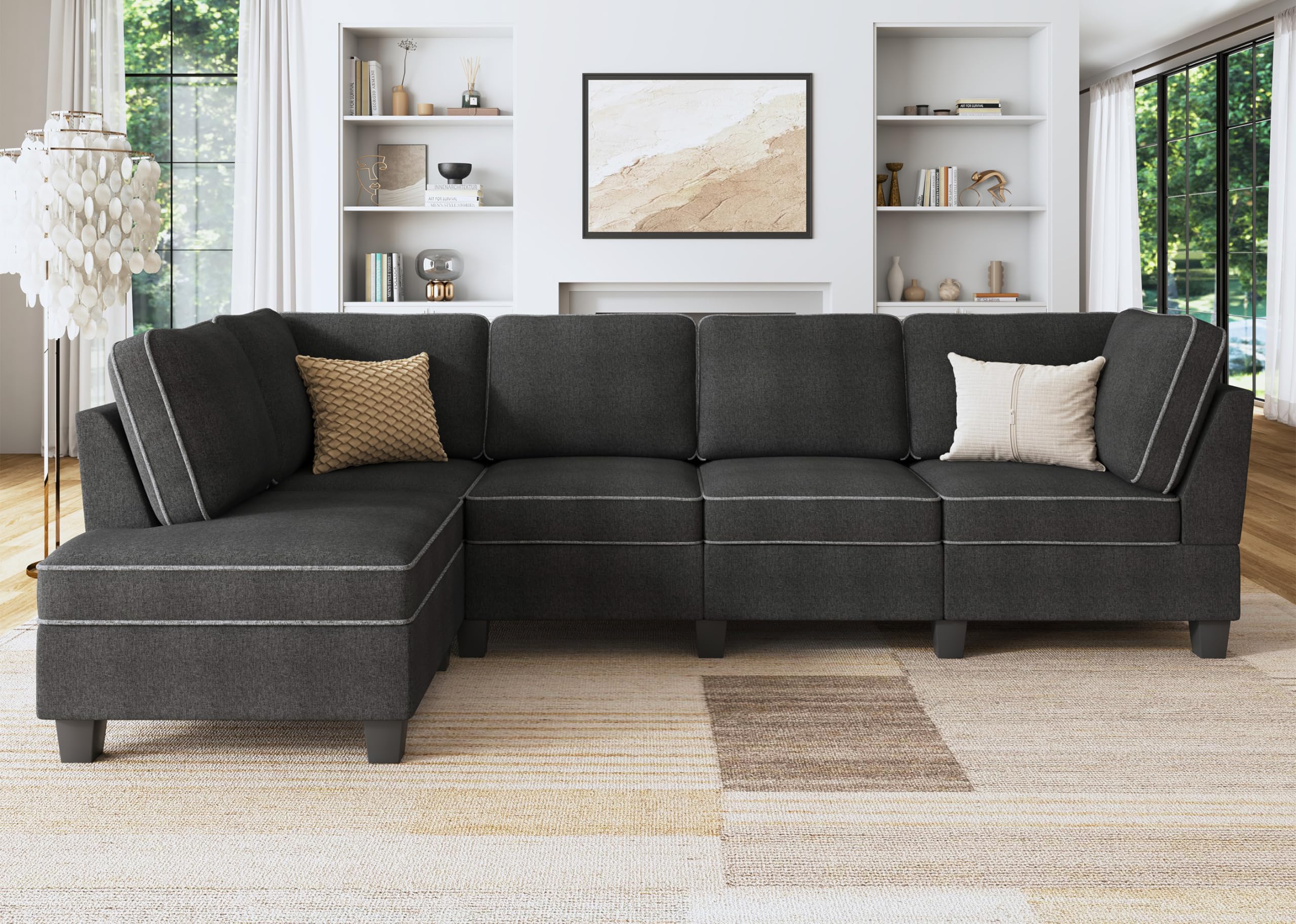 HONBAY Convertible Sectional Sofa, L Shape Couch with Chaise, Reversible Sectional Couch for Living Room, Dark Grey