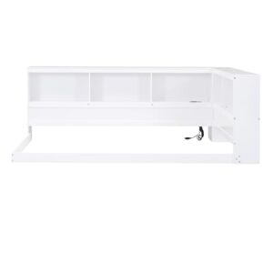 DEYOBED Twin Size Floor Daybed with Storage Cabinet and USB Ports, Solid Wood Bed Frame with L-Shaped Bookcase Shelves for Bedroom Living Room Guestroom, No Box Spring Needed, White